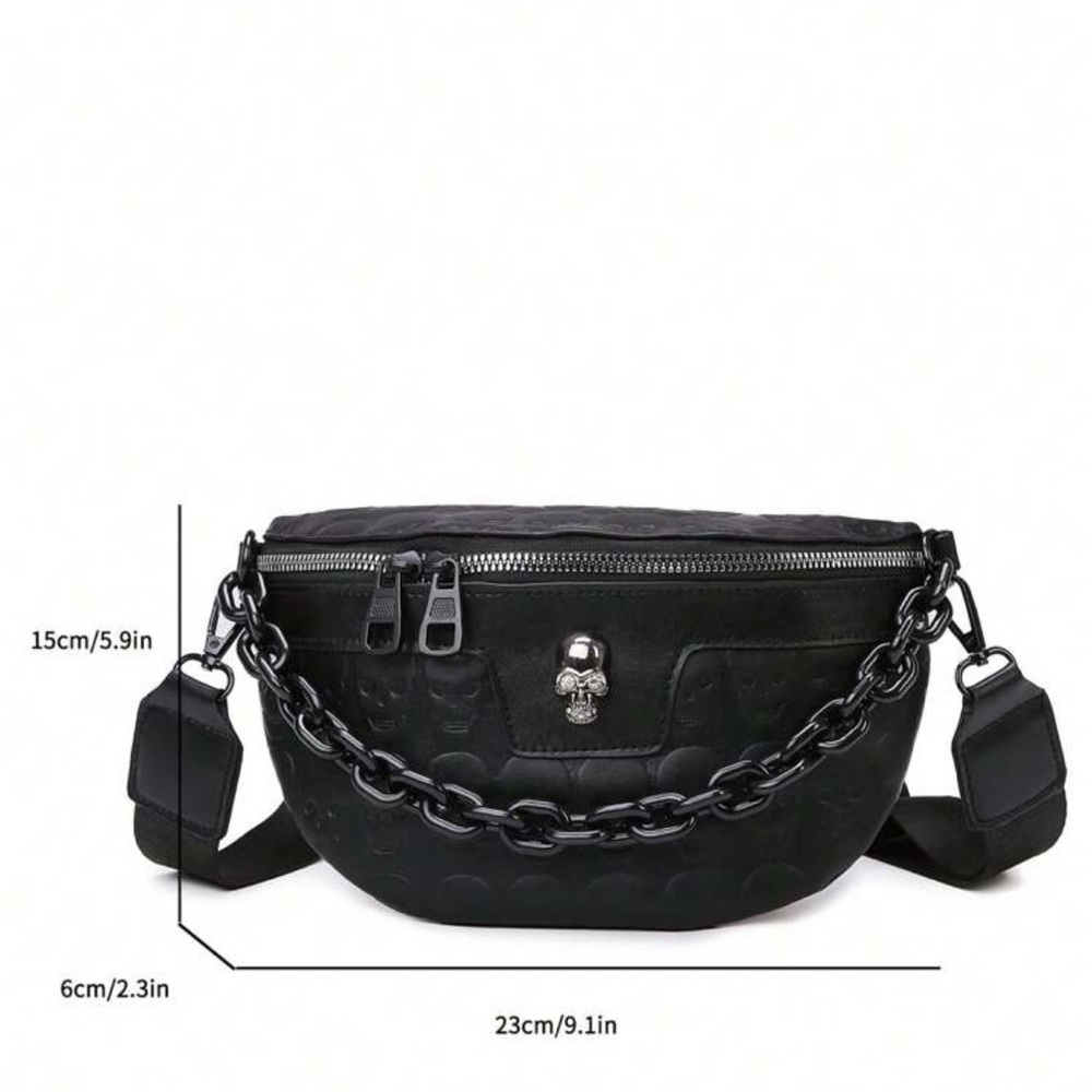 Skull Detail Fanny Pack, Black Skull Crossbody, Black Skull Shoulder Bag - Picture 10 of 12